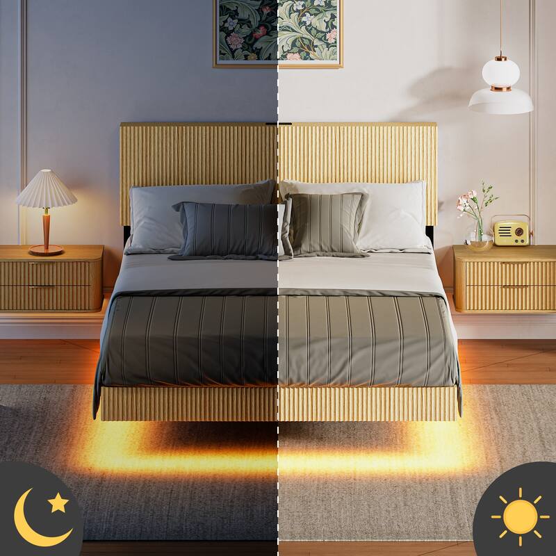 Queen Floating Bed Frame Wavy Platform Bed Frame with LED Lights and Charging Stations Adjustable Headboard Metal Slats Support