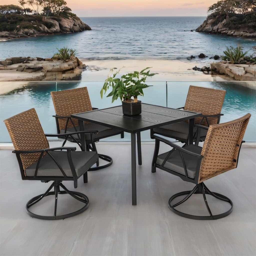 Wicker Dining Set with 4 Swivel Rockers, Cushions & Steel Table, 5 Pcs