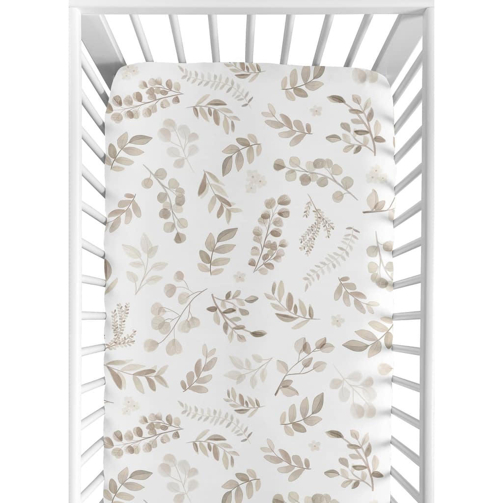 Floral Leaf Boy Girl Fitted Crib Sheet - Ivory Cream Beige Taupe White Gender Neutral Boho Watercolor Botanical Flower Woodland