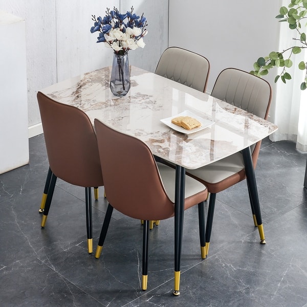 slide 2 of 13, 5-Piece Kitchen Table Set with 4 PU Curved Chair Cushion, Dining Table Set with Marble Table Top for Dining Room Brown,Light Gray,White+Black