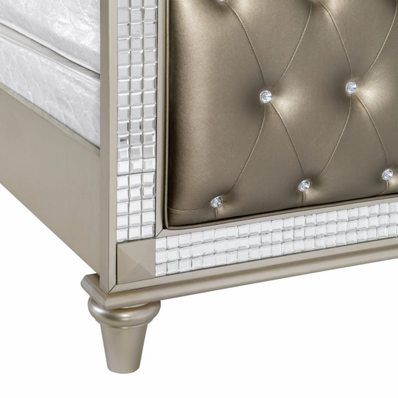 Juhi Queen Size Bed, Button Tufted Gray Faux Leather, Crystals Trim, Wood