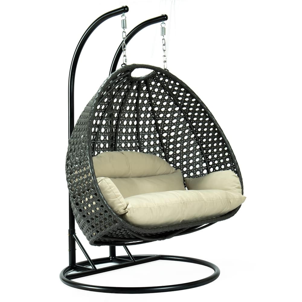 Leisuremod Modern Hanging Egg Swing Chair for 2-Person with Metal Stand, Charcoal Wicker, Patio Hammock Lounger with Cushions