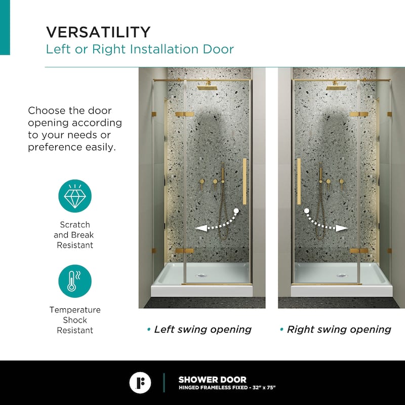 Fine Fixtures Hinged Clear Frameless Glass Shower Door Enclosure