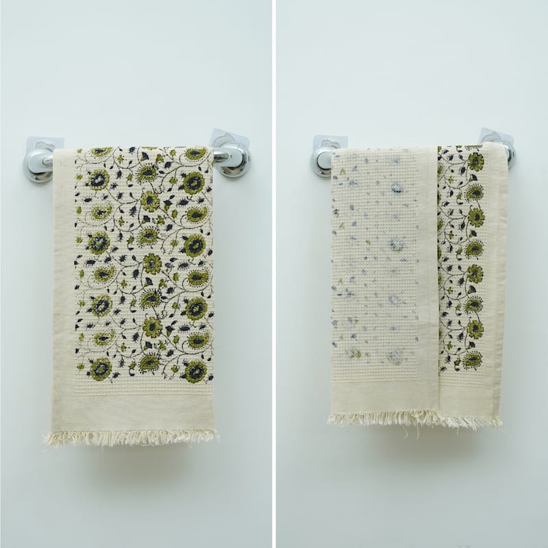 Fabdivine Honeycomb or Waffle Weave Hand Block Floral Print Hand Towel, Kitchen Gift Use