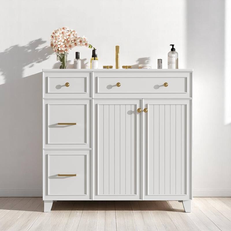 36" Bathroom Vanity with Ceramic Sink, Soft Close Doors, Double-Layer Drawers, Adjustable Shelf, Modern Storage Cabinet - White