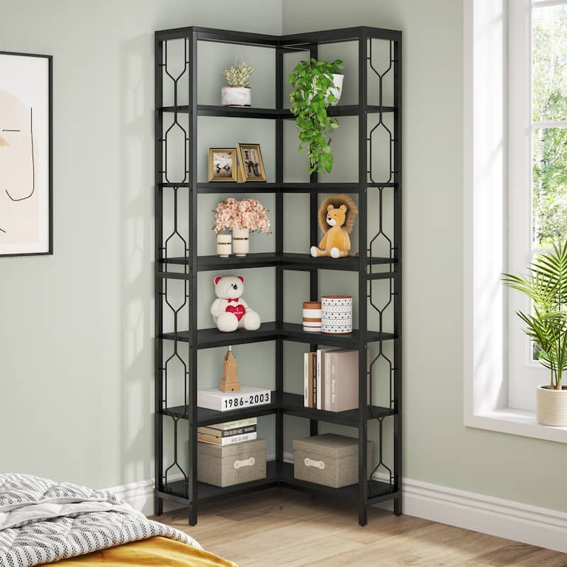 7-Tier Corner Bookshelf, White Corner Shelf Modern Etagere Bookcase