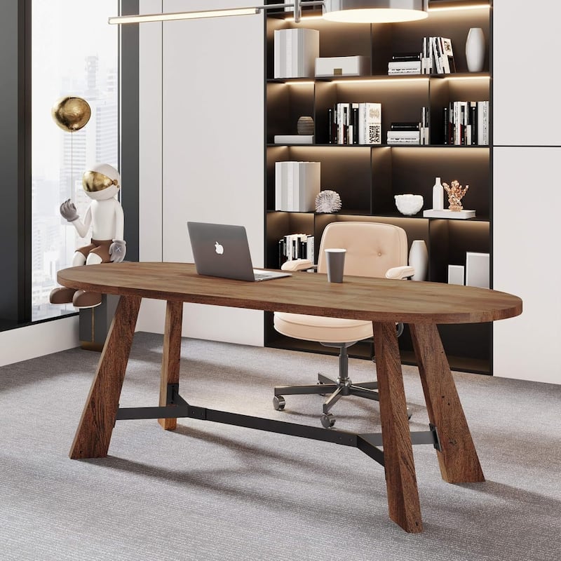 WESOME 70.86" Rustic Wood Oval Dining Table with Tapered Legs - 70.86"D x 31.5"W x 29.53"H