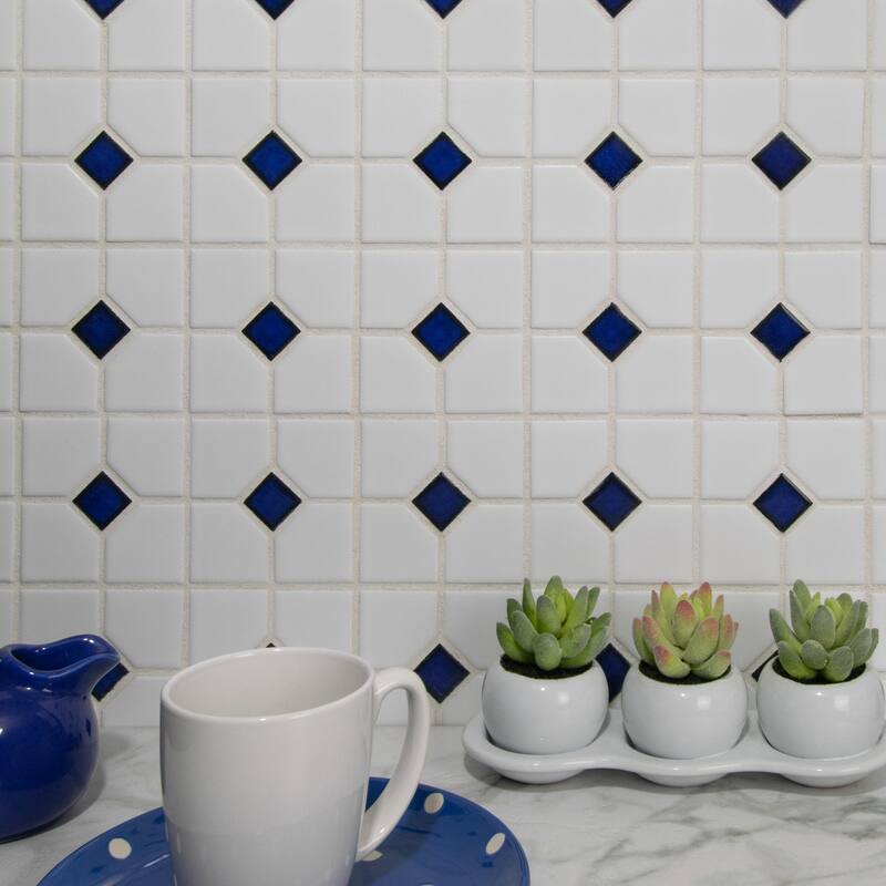 Merola Tile Oxford Matte White w/ Cobalt Dot 11-3/8" x 11-3/8" Porcelain Floor and Wall Tile
