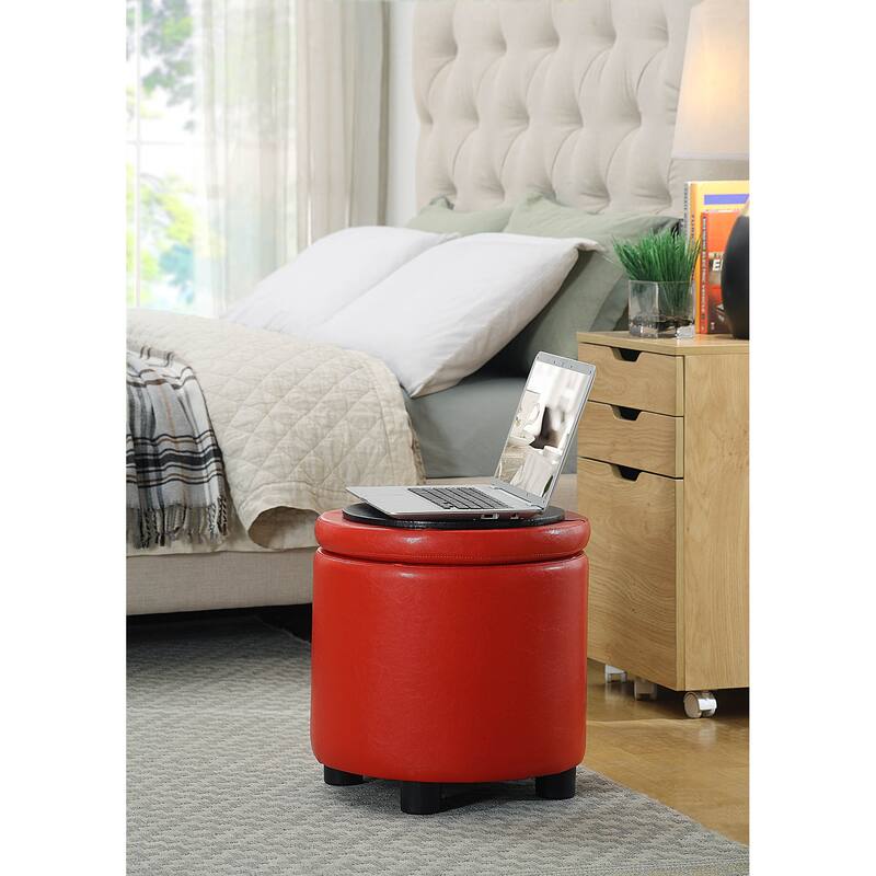 Convenience Concepts Designs4Comfort Round Accent Storage Ottoman with Reversible Tray Lid - Red Faux Leather