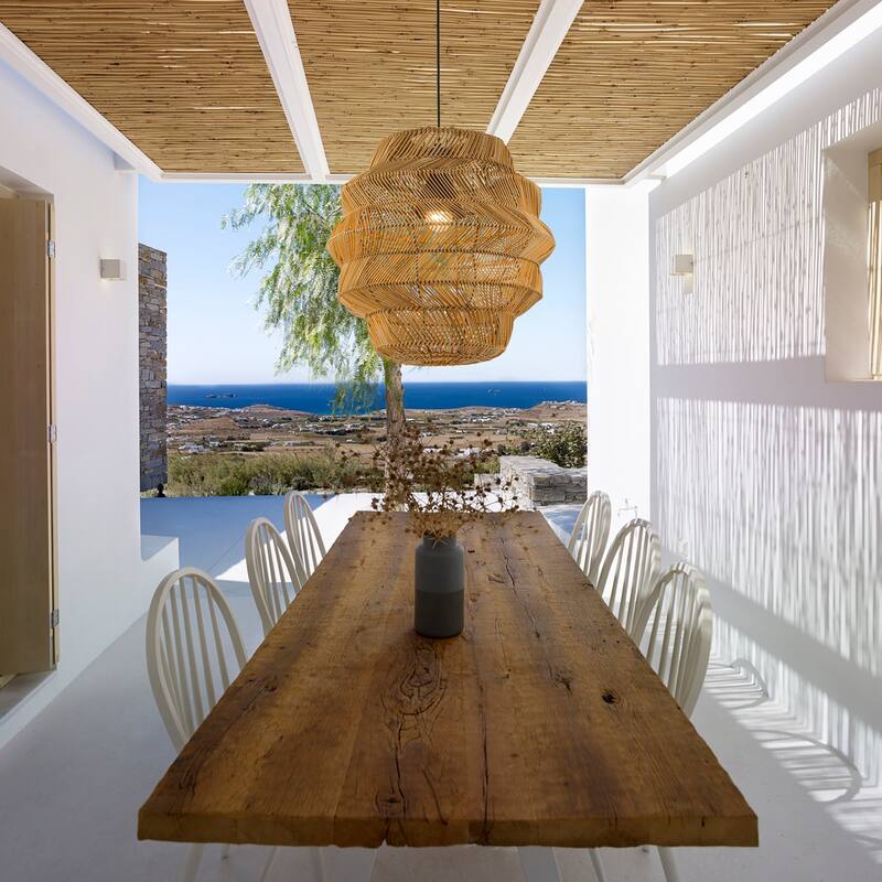 Cana 1-Light Wicker Outdoor Pendant, Coastal Boho Tiered Drum - Handwoven