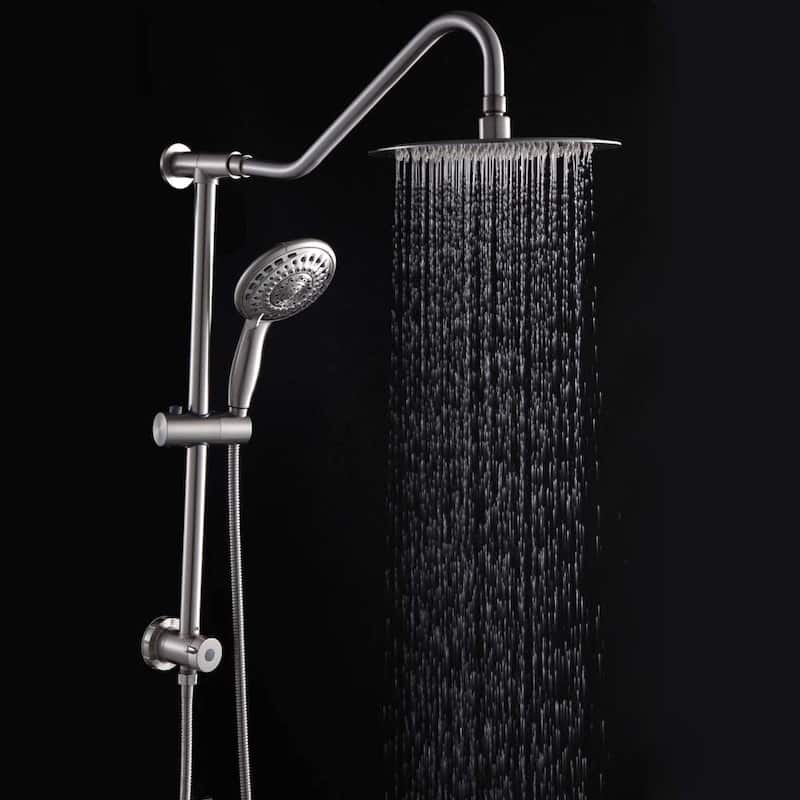 5 -Spray Patterns 10" Wall Mount Dual Shower Heads Plastic Drill-Free Adjustable Slide Bar and Hose in Brushed Nickel - Brushed Nickel