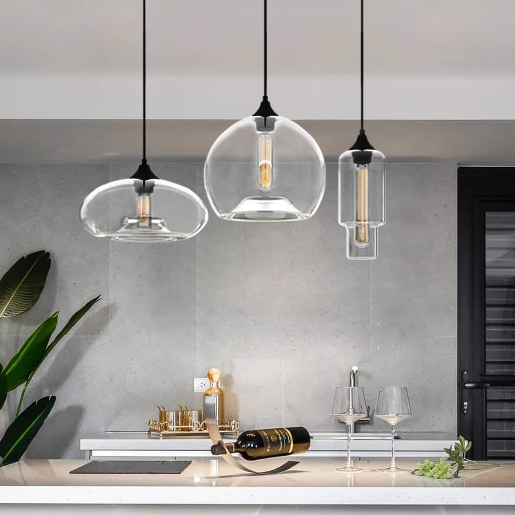 3-Light Modern Black Pendant Light Linear Cluster Clear Glass Globe Bubble Chandelier - 27.5 in. W x 78.8 in. H