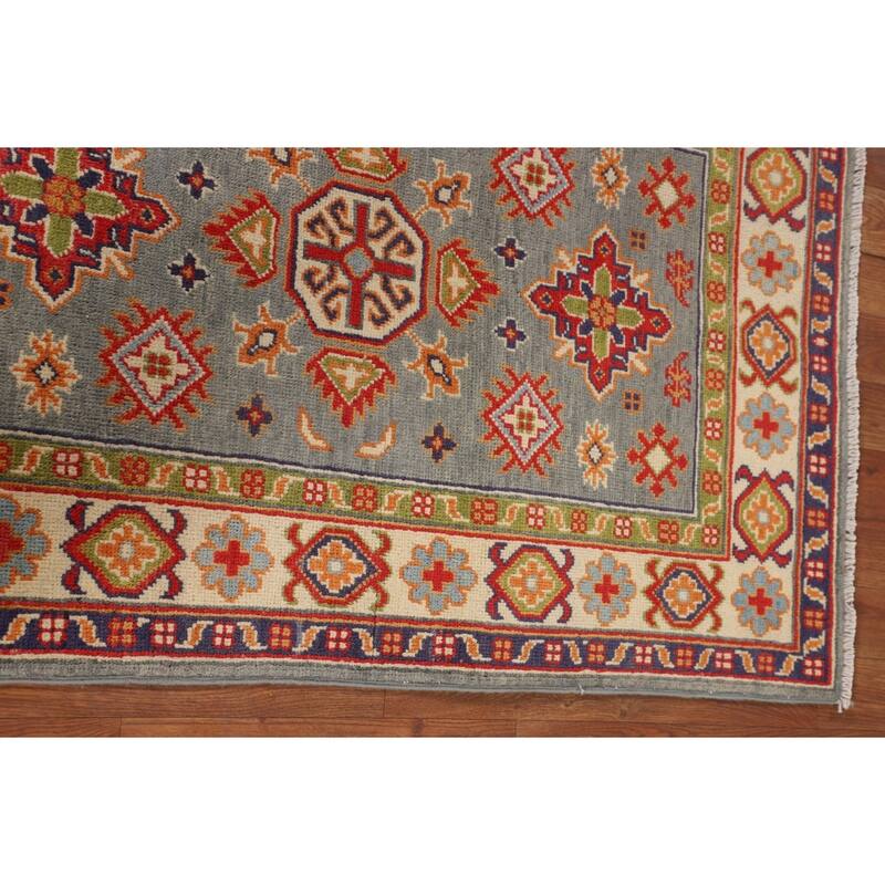 Geometric Kazak Accent Rug Hand-Knotted Grey Wool Carpet - 2'8" x 4'1"