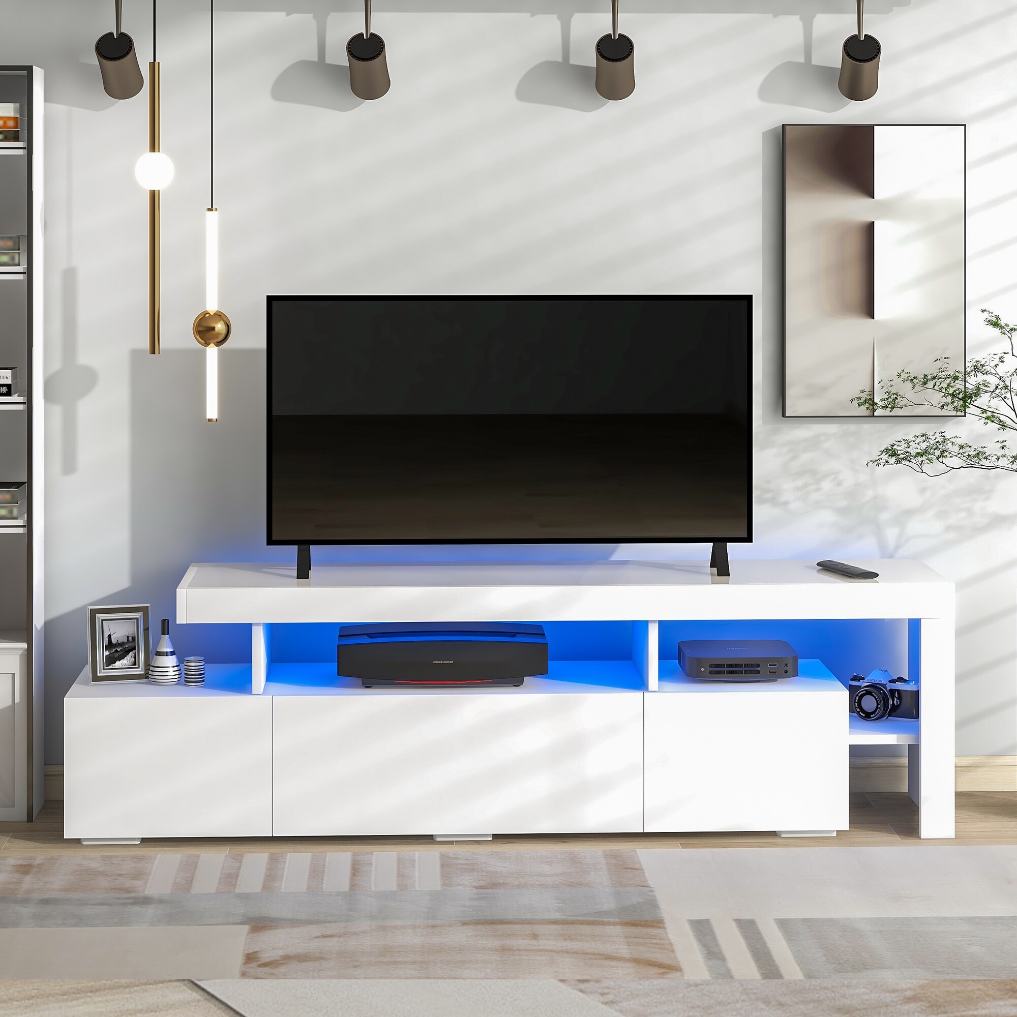 White gloss light up tv shop unit