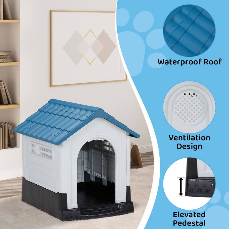Plastic Dog House with Air Vents, Elevated Floor, Insulated Outdoor Indoor Kennel for Small Dogs