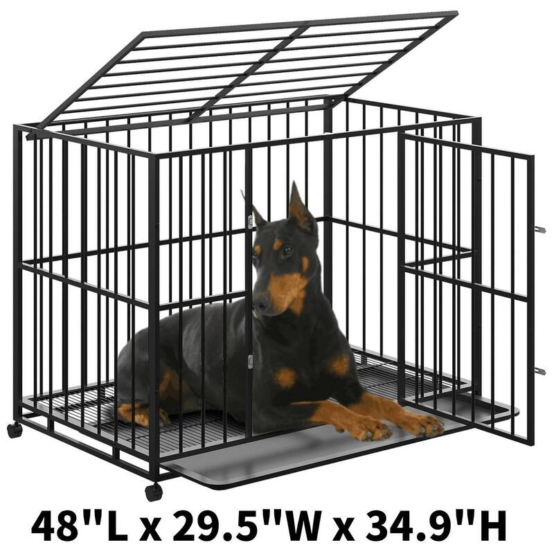 Heavy Duty Foldable Steel Dog Crate Chew-Resistant Kennel with Locking Wheels - 48 inch