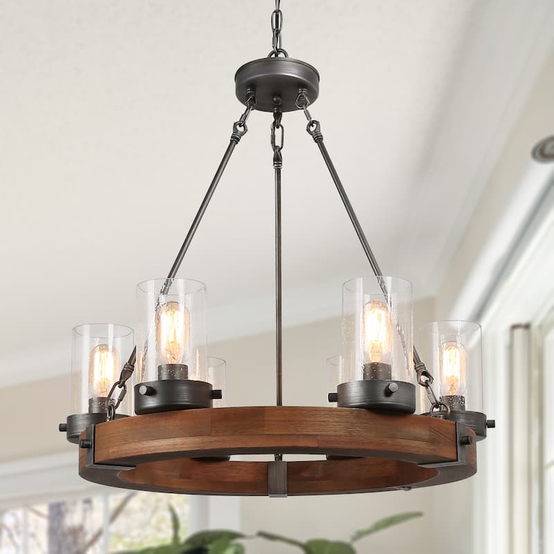 Farmhouse 6-Light Wagon Wheel Wood Chandelier with Seeded Glass Shade for Dining Living Room