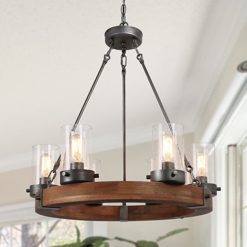 Farmhouse 6-Light Wagon Wheel Wood Chandelier with Seeded Glass Shade for Dining Living Room