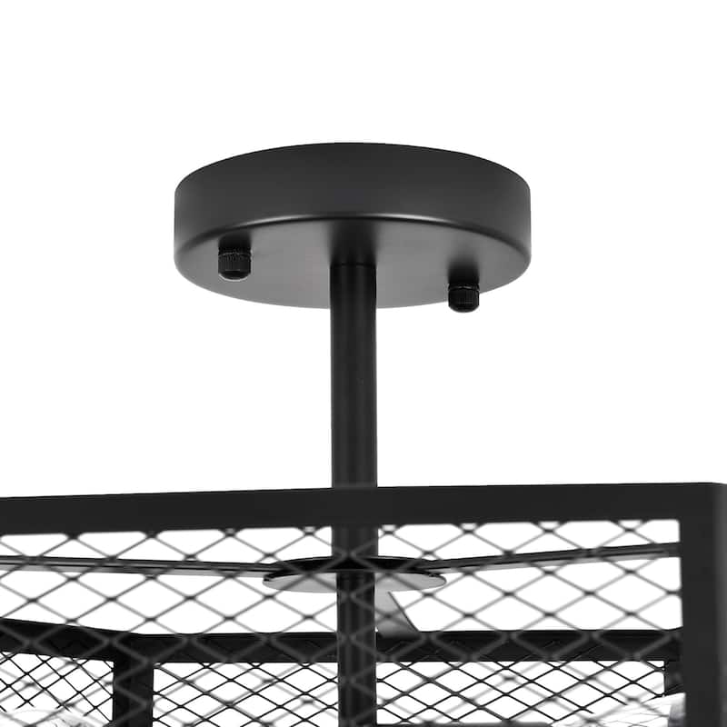 3-Light Farmhouse Drum Black Caged Semi Flush Mount - Matte Black - N/A