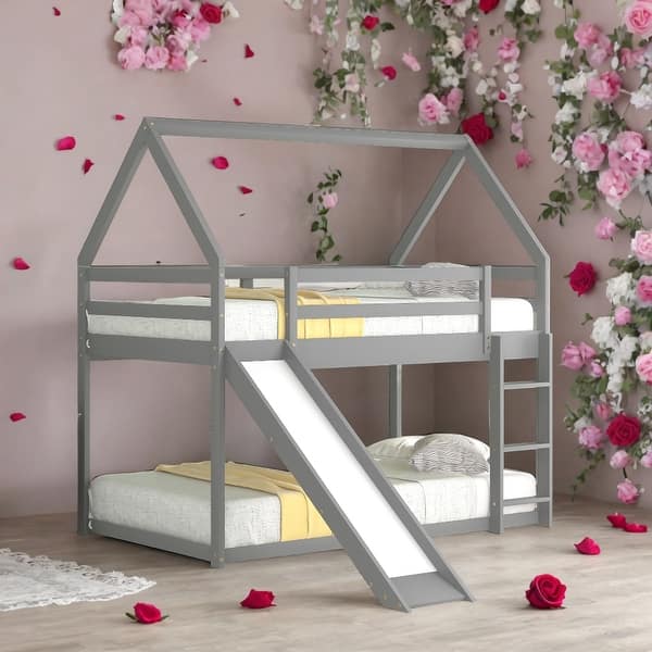 slide 2 of 18, Grey Twin Size Bunk House-Shaped Bed With Slide And Ladder for Home Grey