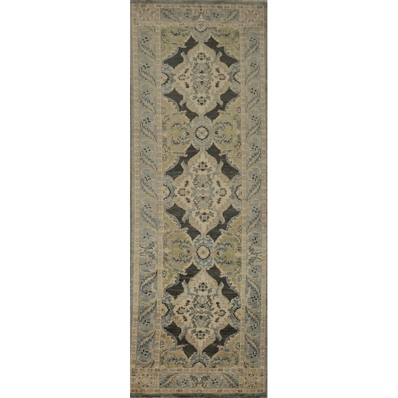 Hand Knotted Oriental 100% Wool Carpet Transitional Floral Greys & Charcoal Oushak Runner Rug - 9' 5'' X 2' 6''