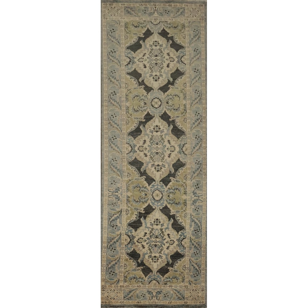 Hand Knotted Oriental 100% Wool Carpet Transitional Floral Greys & Charcoal Oushak Runner Rug - 9' 5'' X 2' 6''