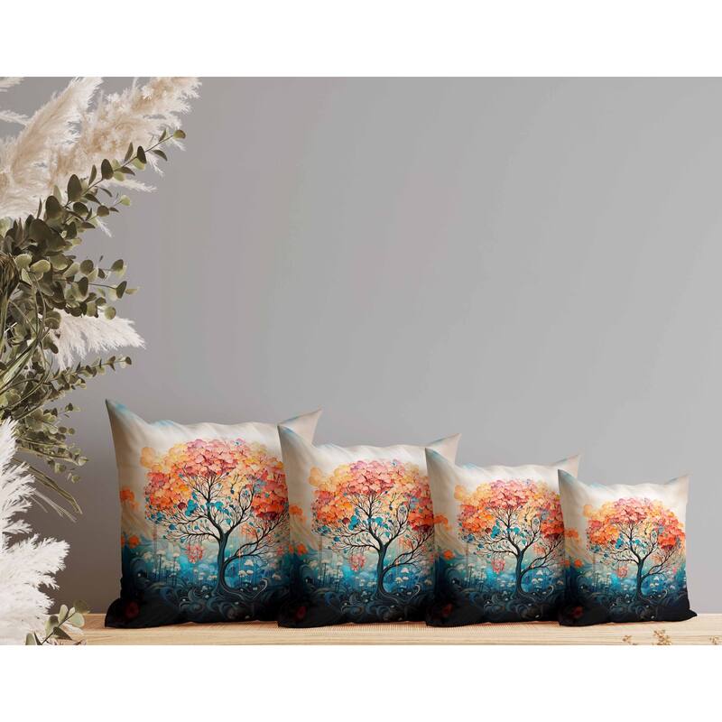 Beautiful Tree of Life Indoor/Outdoor Reversible Throw Pillow Orange and Blue