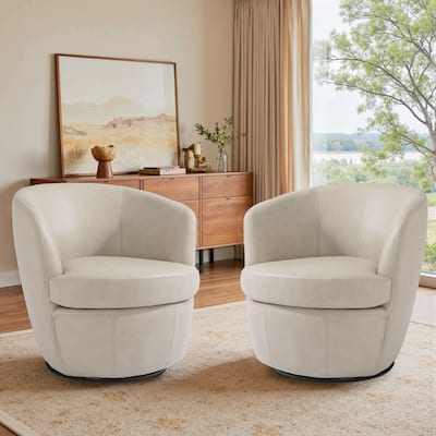 2 Set Faux Leather Club Swivel Barrel Accent Chair