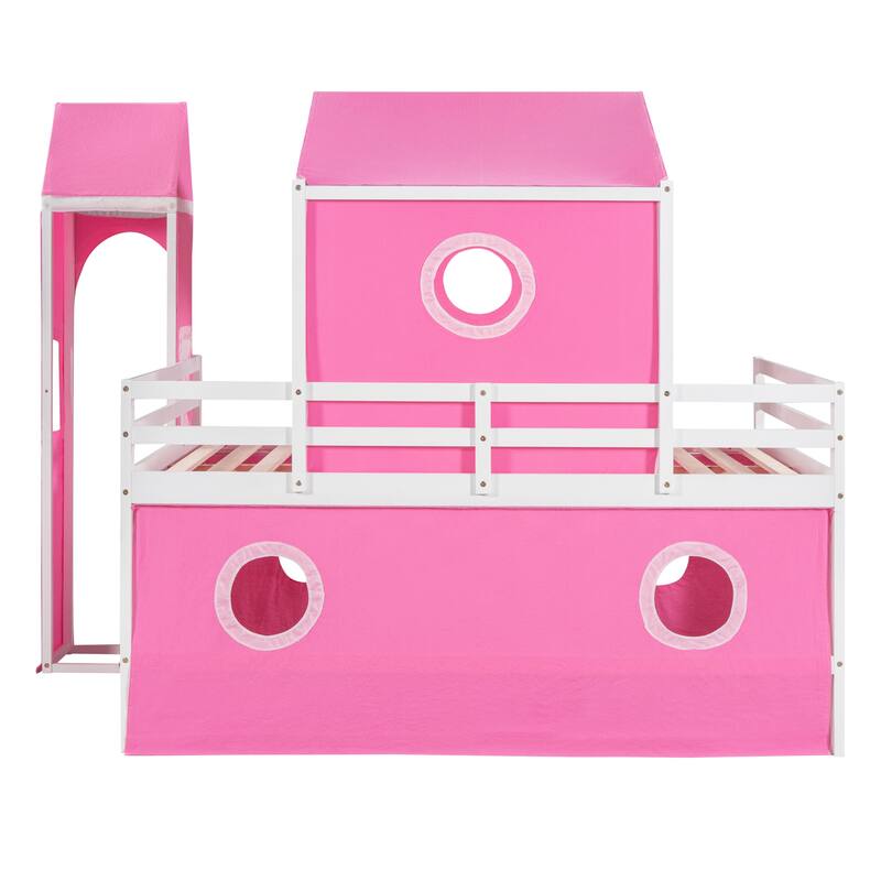Castle Style Full Over Full Bunk Bed ith Slide, Tent and Tower, Pink