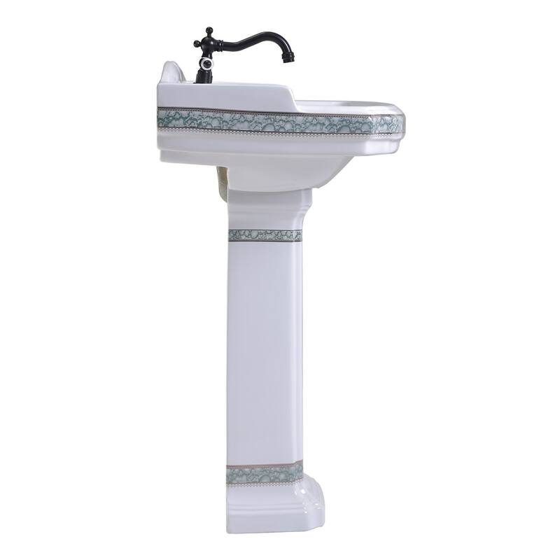 White Porcelain Bathroom Pedestal Wall Mounted Sink with Green Gold Accent and 4 in. Centerset Faucet Holes