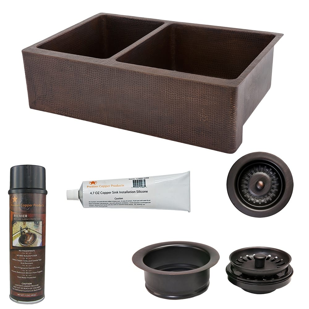 33-in Hammered Copper Kitchen Apron 40/60 Double Basin Sink with Matching Drains, and Accessories (KSP3_KA40DB33229)