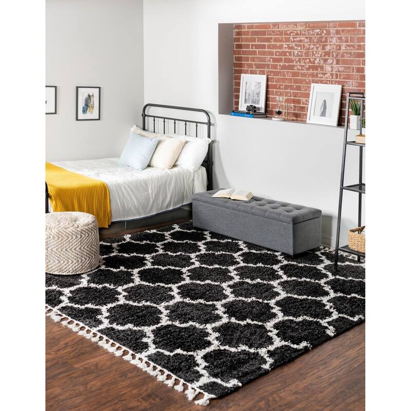 Shag Brico Collection Area Rug - 7'10" Square - Black-White