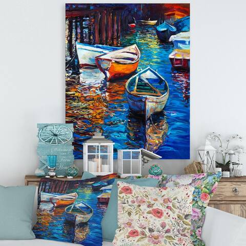 Designart "Boats Resting On The Water During Warm Sunset X" Nautical & Coastal Canvas Wall Art Print