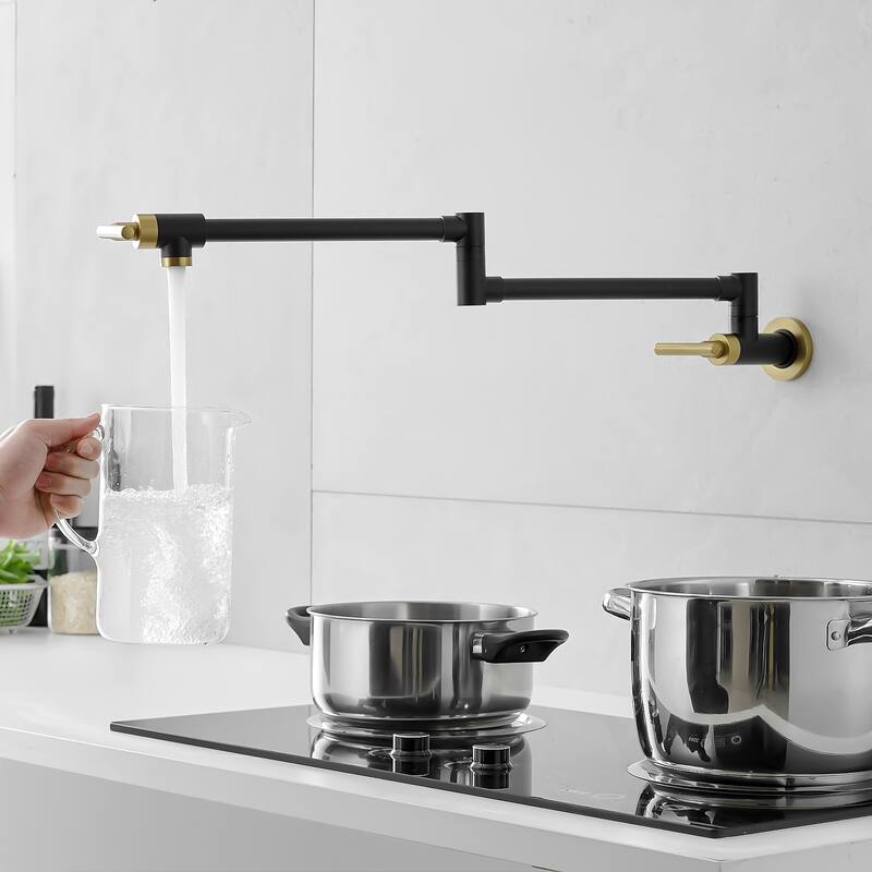 Wall-Mount Commercial Kitchen Folding Faucet Pot Filler Faucet - Black and Gold