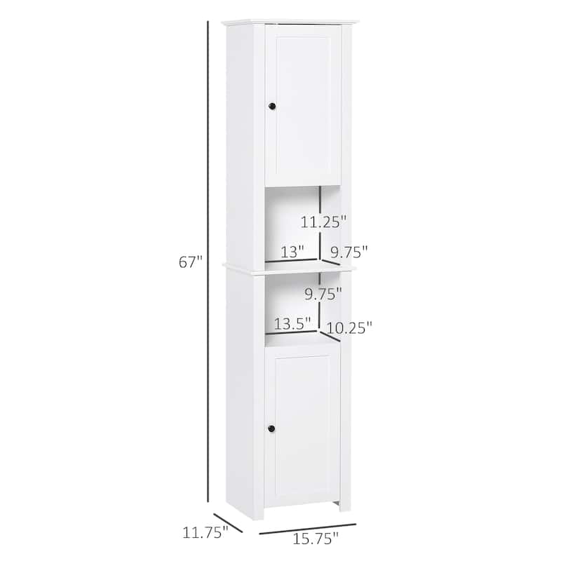 HOMCOM Tall Bathroom Storage Cabinet, Freestanding Linen Tower with 2-Tier Shelf and 2 Cupboards, White