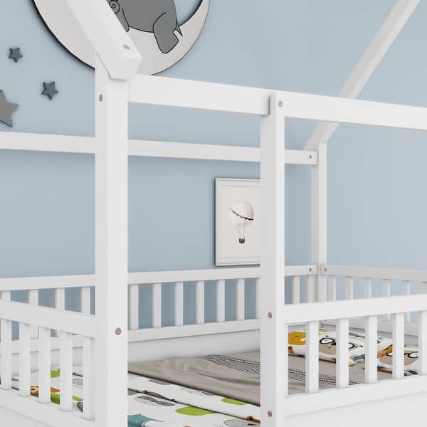 slide 2 of 9, Full Size Floor House Bed with House Roof Frame and Fence Guardrails White