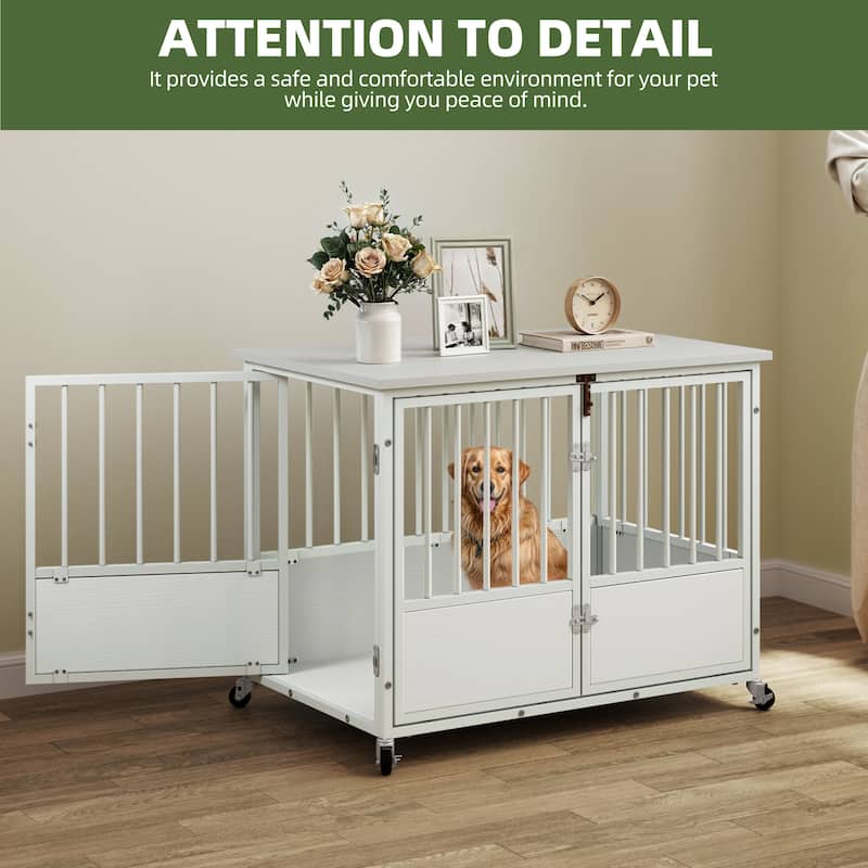 38"/43" Dog Crate Furniture Cage Table with Wheels And Double Doors