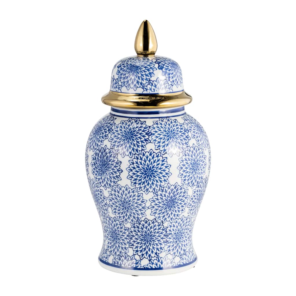 14" Temple Jar White and Blue Dahlia Flower Design Contemporary Glam Ceramic Temple Jar For Indoor or Outdoor Home