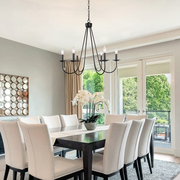 slide 2 of 23, Modern Farmhouse Black/ Gold 28'' Wheel Candle Chandelier 6-light with Adjustable Swing Arms - D28" x H84.5"