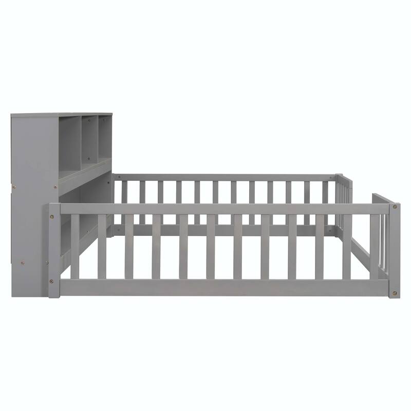Full Floor Bed with Side Bookcase and Guardrails