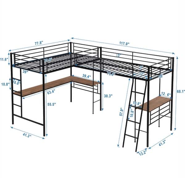 L-Shaped Twin Size Metal Loft Bed with Dual Built-In Desks