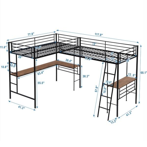 Twin Size L-Shaped Metal Loft Bed with 2 Built-in Desks & Ladders