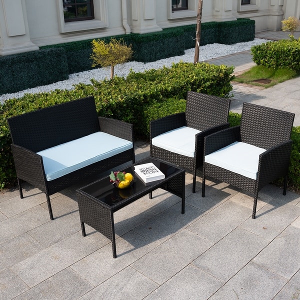 4 Piece Patio Conversation Wicker Furniture Set, Outdoor Rattan Sectional Furniture Set With Cushions for Yard Garden