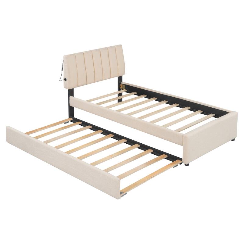 Twin Teddy Fleece Platform Bed with Trundle, USB Ports, and LED Light