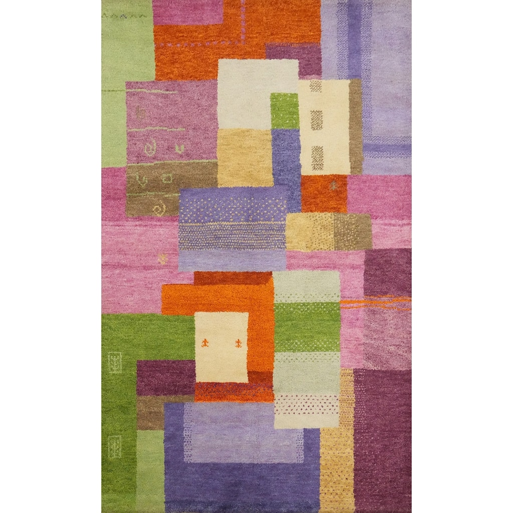 Hand Knotted Oriental 100% Wool Carpet Modern Geometric Multi-Colored Gabbeh Area Rug - 6' 0'' X 4' 0''