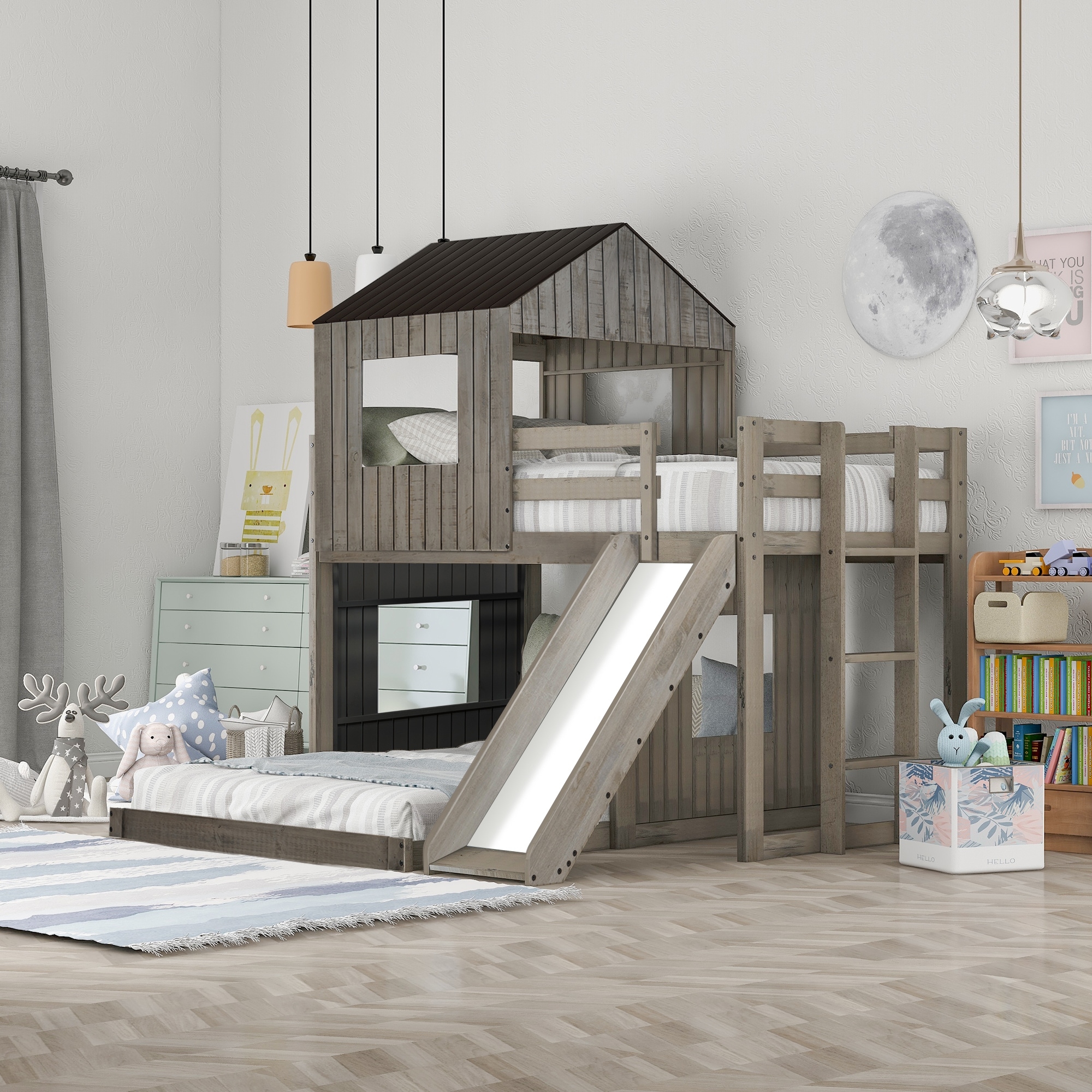 Contemporary and Casual Wooden Twin Over Full Bunk Bed, Loft Bed with Playhouse, Farmhouse, Ladder, Slide and Guardrails