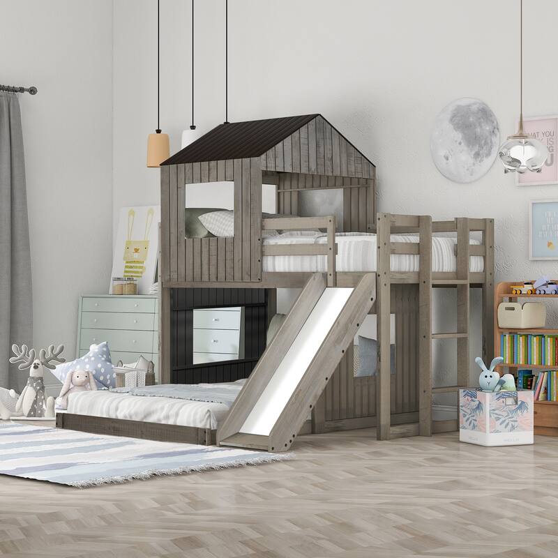 Twin Over Twin Bunk Bed with Slide and Ladder, Playhouse Bedframe with House Roof, Window and Safety Guardrails for Kids/Bedroom