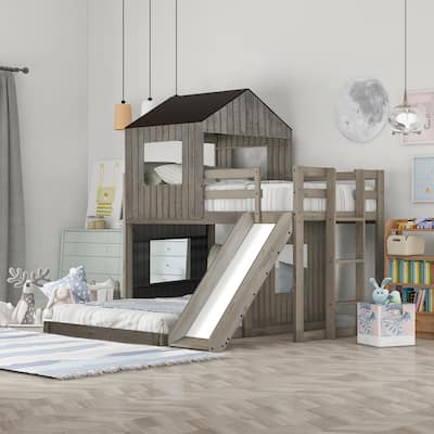 Wooden Twin Over Full Bunk Bed, Loft Bed with Playhouse, Farmhouse, Ladder, Slide and Guardraills