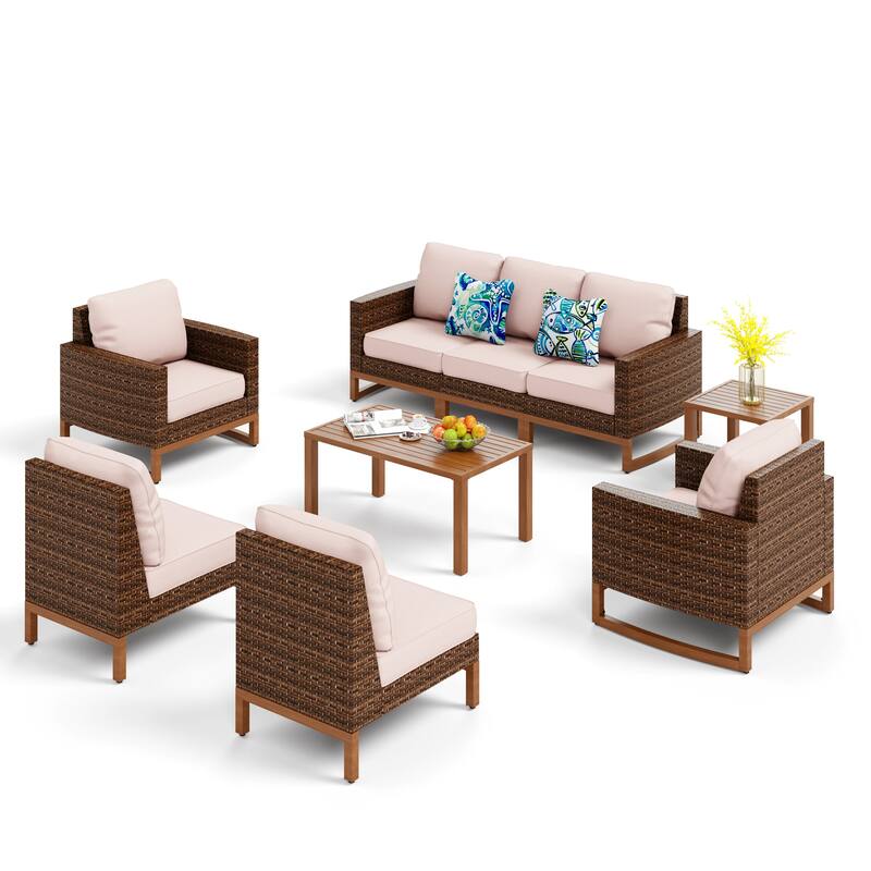 6/9-piece Patio Rattan Wicker Patio Furniture Set Swivel Rocking Chair Conversation Set