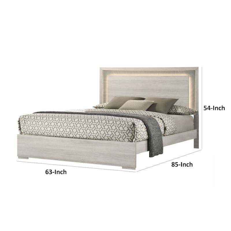 Nomi King Size Bed w LED on Headboard, Antique White Wash Finsih